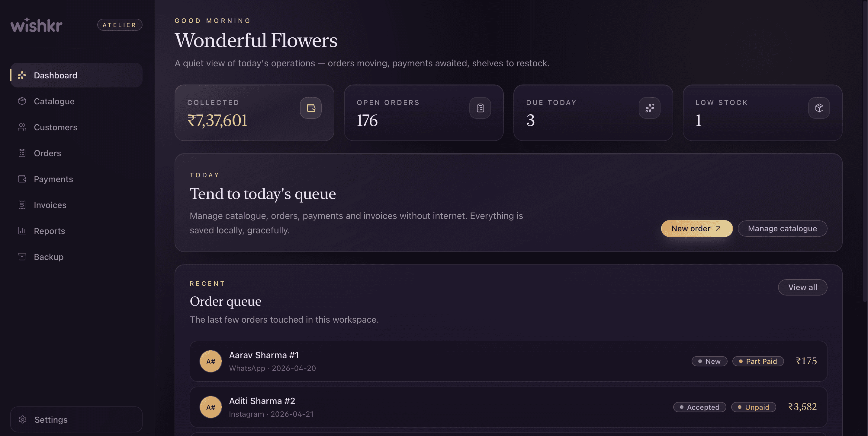 Wishkr Vendor App — Dashboard with metrics and recent order queue