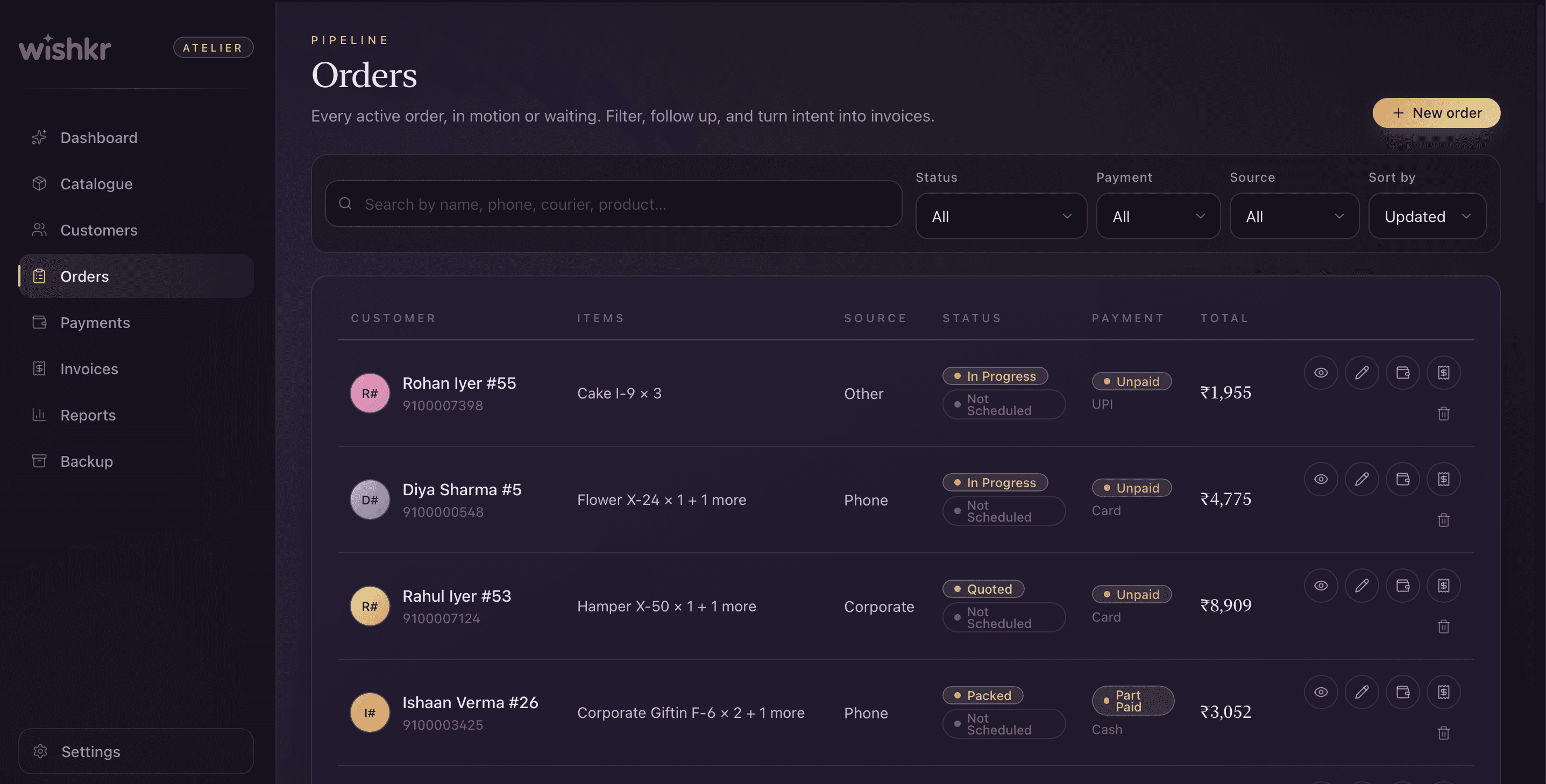 Wishkr Vendor App — Orders pipeline with status and payment columns